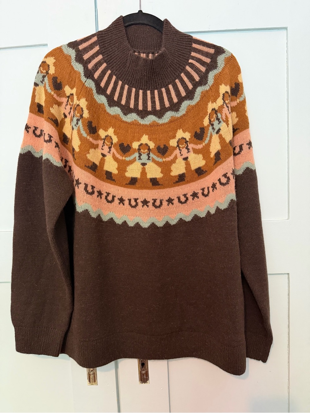 Double D Ranch Brown Fair Isle Turtleneck Sweater with Pink & Mustard Accents